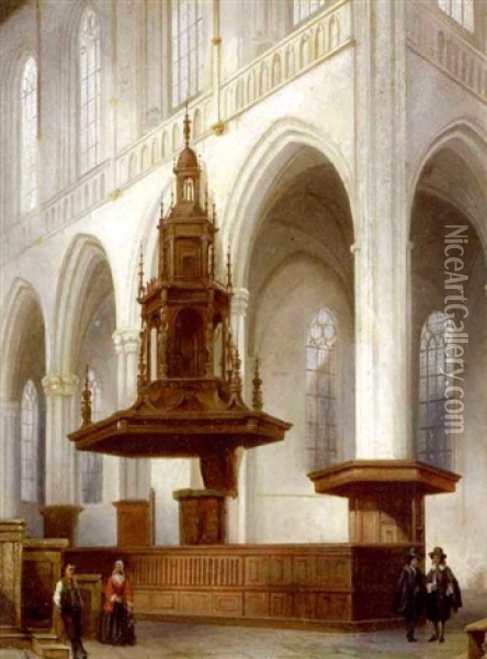 Cathedral Interior With Figures Oil Painting - Angelus De Baets