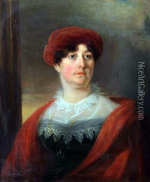 Head And Shoulders Portrait Of A Lady Wearing Red Hat And Coat Oil Painting - Sir Thomas Lawrence
