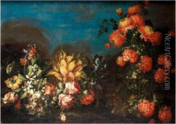 Still Life With Various Flowers In A Landscape Oil Painting - Elisabetta Marchioni Active Rovigo