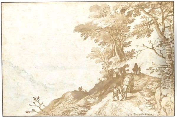 Extensive Landscape With A Peasant Leading A Waggon Between Trees To The Right Oil Painting - Jan The Elder Brueghel