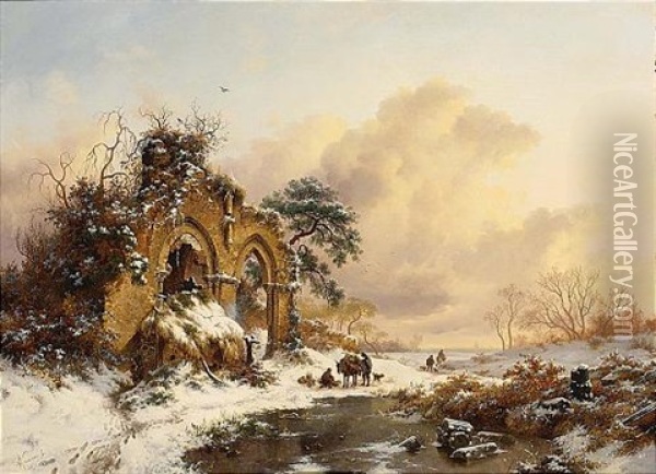A Snowy Landscape With Figures By A Gothic Ruin Oil Painting - Frederik Marinus Kruseman