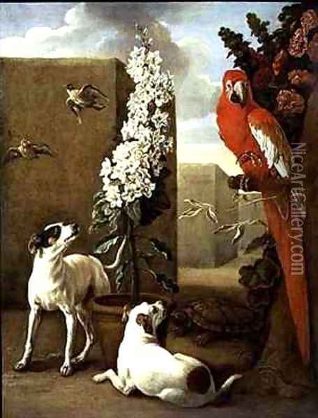 Parrot with Dogs Oil Painting - Alexandre-Francois Desportes