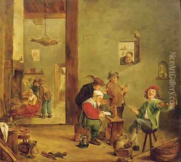 Peasants reading a letter, drinking and smoking in an inn, figures by a fireplace beyond Oil Painting - David The Younger Teniers