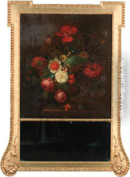 Roses, Poppies, Daisies, 
Chrysanthemums, Convolvuli And Otherflowers In An Urn On A Stone Ledge Oil Painting - Jan Van Huysum