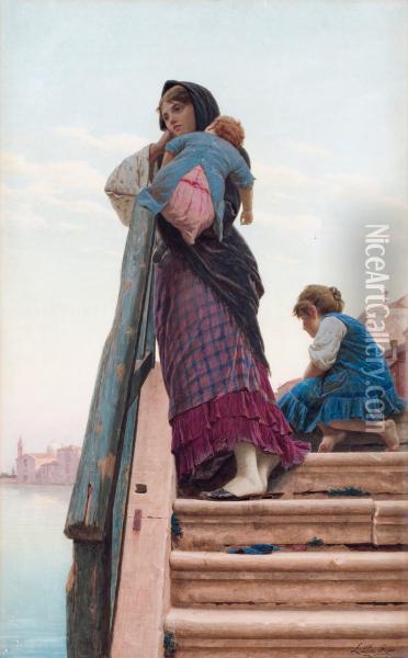 Mother With Children, Scene From Venice Oil Painting - Luigi da Rios