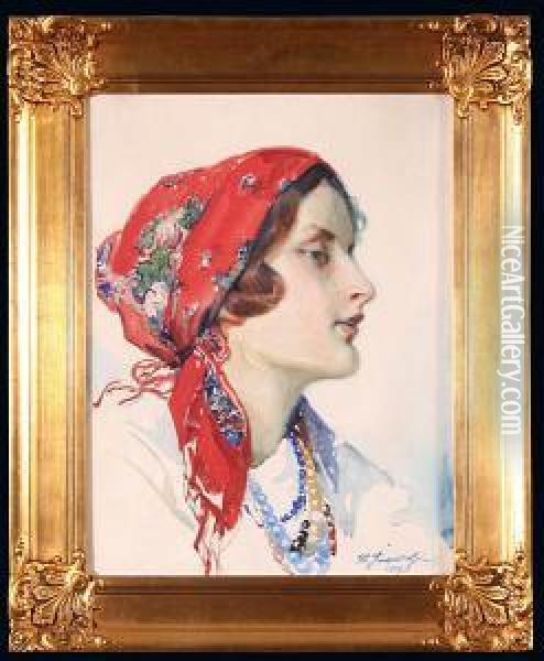 Portret Kobiety W Chuscie, 1927 R. Oil Painting - Stanislaw Janowski