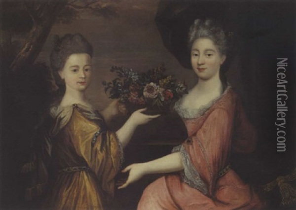 Deux Jeunes Filles Tenant Une Corbeille De Fleurs Oil Painting - Gilles Allou