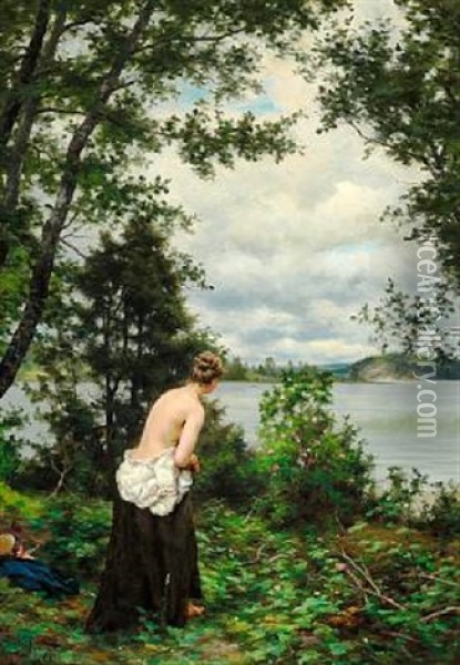 Sommar. Ved En Vik ... Aland (summer Day With A Young Girl Before The Bath In An Inlet In Aland, Sweden) Oil Painting - Fredrik Ahlstedt