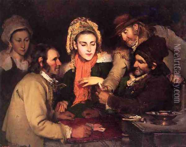 Card Players in Brittany Oil Painting - Robert Wylie