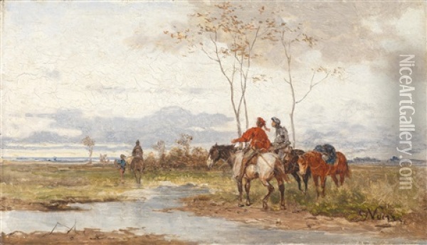 Horsemen In An Open Landscape Oil Painting - Julius Noerr
