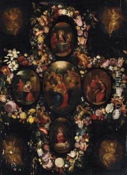 Five Medallions With Scenes From
 The Childhood Of Christ. The Corners Shows Angels Making Music In 
Brunaille Painting Oil Painting - Frans II Francken