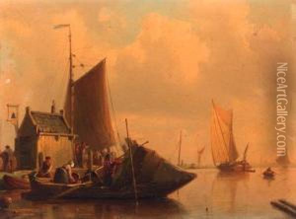 Fishermen Unloading Their Catch Along A Jetty Oil Painting - Johan Adolph Rust