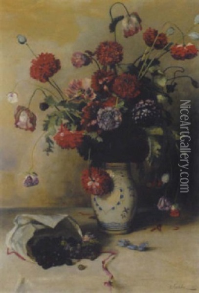 Blumenstillleben Mit Weintrauben Oil Painting - Eduard Gehbe