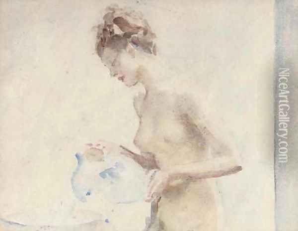 Filling up the bath, a female nude Oil Painting - English School