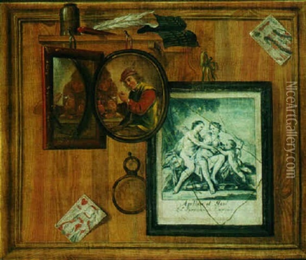 A Trompe L'oeil Still Life Of A Print, A Miniature. . . Oil Painting - Gabriel (Gaspard) Gresly