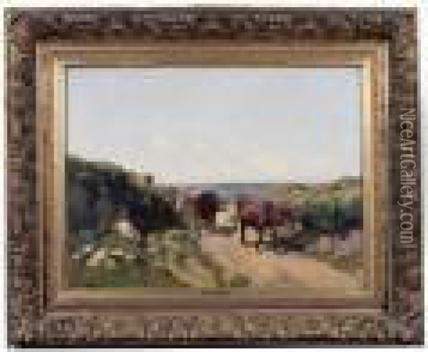 Vaches Sur Le Chemin En Bordure De Mer Oil Painting - Clement Quinton