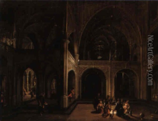 A Courtyard Of A Palace At Night With Revellers Feasting By Candlelight Oil Painting - Peeter Neeffs the Younger