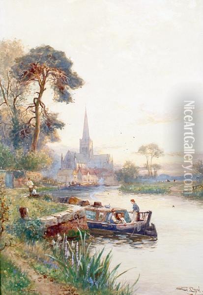 Barges On A River With A Church In Thedistance Oil Painting - Walker Stuart Lloyd