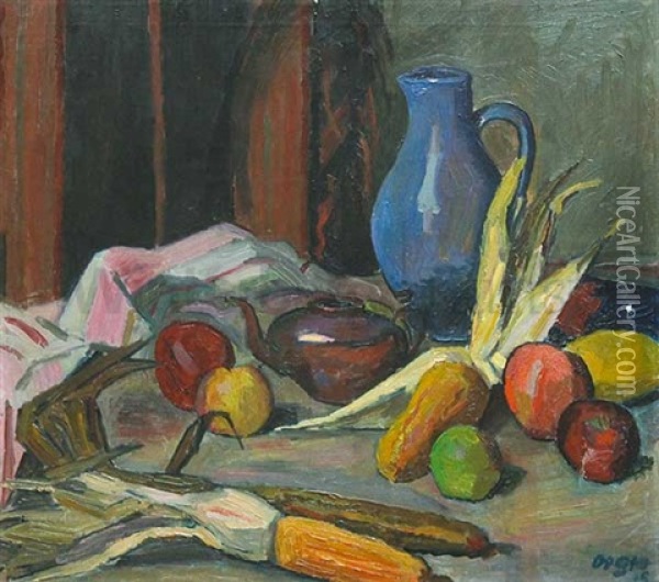 Stilleben Mit Obst, Maiskolben, Teekanne Und Blauem Krug Oil Painting - Otto Geigenberger
