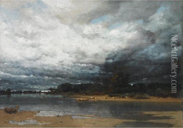 Approaching Storm On The Coast (possibly The Dnieper River) Oil Painting - Vladimir Donatovich Orlovskii