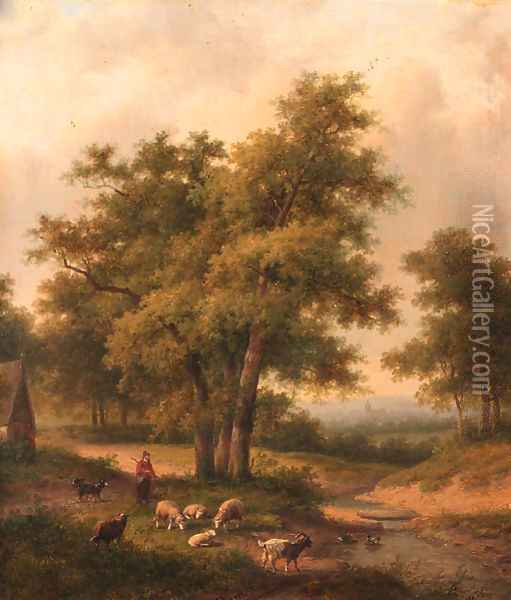 A shepherd and his flock in a wooded landscape Oil Painting - Jan Evert Morel