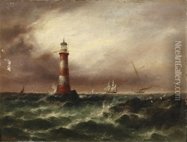 Lighthouse With Shipping In Rough Seas Oil Painting - Sarah Louise Kilpack