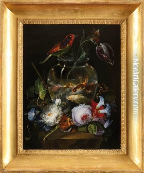 Aquarium Entoure De Fleurs Sur Une Margelle Oil Painting - Salvatore Giusti