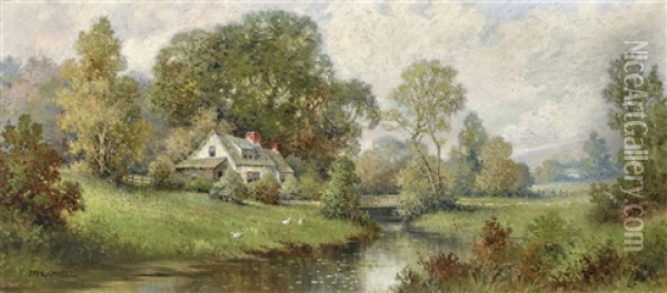 Cottages In A Pastoral Landscape Oil Painting - Milton H. Lowell