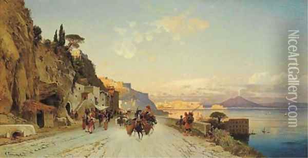 Naples from the via Posillipo, with the Palazzo Anna and Vesuvius beyond Oil Painting - Hermann David Solomon Corrodi