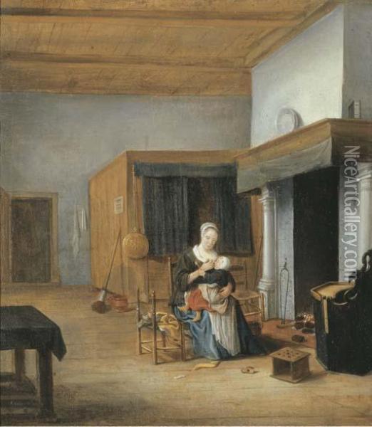 An Interior With A Woman Seated By The Fire Holding A Child Uponher Lap Oil Painting - Franciscus Carree