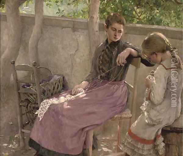 The knitting lesson Oil Painting - Carl Ernst von Stetten