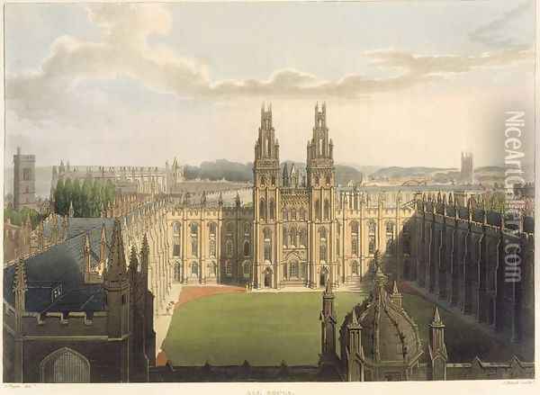 Exterior view of All Souls College, taken from the top of Radcliffe Library, illustration from the History of Oxford, engraved by J. Bluck fl.1791-1831 pub. by R. Ackermann, 1814 Oil Painting - Augustus Charles Pugin