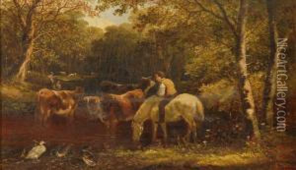 Horse And Rider And Cattle At A Forest Stream Oil Painting - Edmund Aylburton Willis