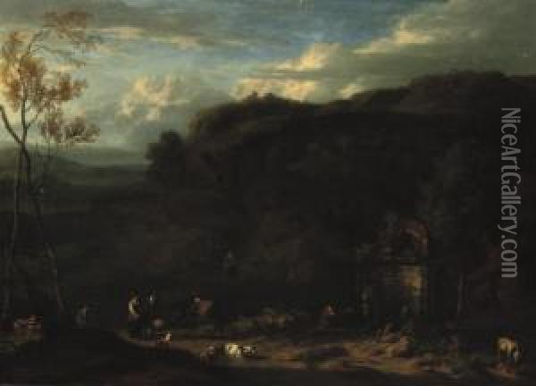 An Italianate Landscape With Peasants And Animals Near A Classical Fountain Oil Painting - Jan Baptist Huysmans