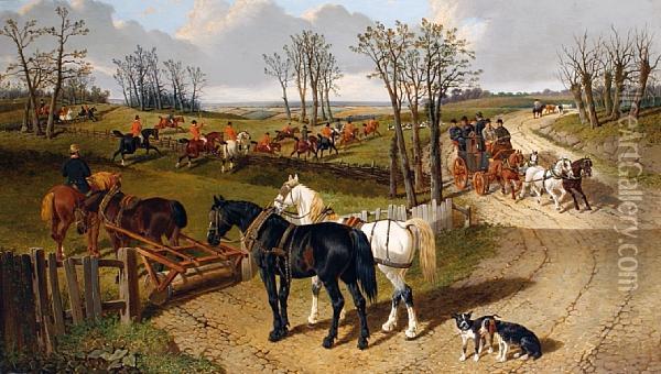 A Country Scene With Plough Horses In Theforeground And A Hunt Beyond Oil Painting - John Frederick Herring Snr