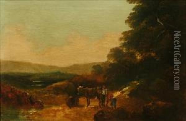 Figures At A Ford Oil Painting - John Joseph Barker Of Bath