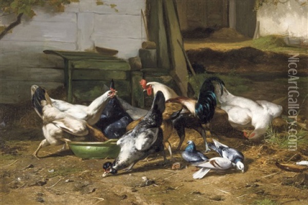 The Poultry Yard (1878) Oil Painting - Eugene Remy Maes