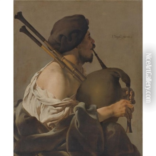 Bagpipe Player In Profile Oil Painting - Hendrick Ter Brugghen