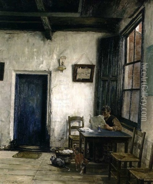 Lesender Mann In Einer Bauernstube Oil Painting - Hugo Vogel