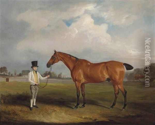 Sir Harry Goodrich's Bay Hunter Smasher And Groom In Ribston Park Oil Painting - John E. Ferneley