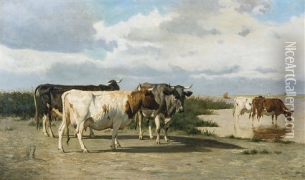 Des Vaches Pres D'un Lac Oil Painting - Emile Van Damme-Sylva