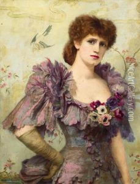 Portrait Of Lillie Langtry, Half-length, In A Purple Dress Withpoppies At Her Corsage Oil Painting - Herbert Gustave Schmalz