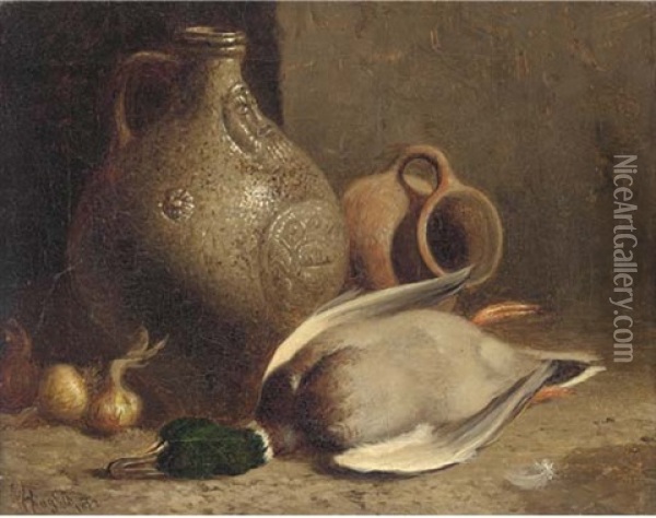 Still Life Of A Duck, Pots, And Garlic Oil Painting - William Hughes