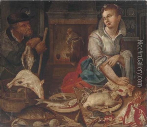 A Kitchen Interior With A Maid Preparing Poultry And Fish And A Gamesman Carrying A Dead Birds Oil Painting - Jeremias van Winghe