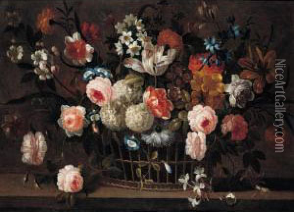 Still Life Of Roses, Tulips, Narcissi And Other Flowers In A Basket On A Stone Ledge Oil Painting - Simon Hardime