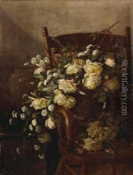 Basket Of Cut Roses On A Chair Oil Painting - Edith White