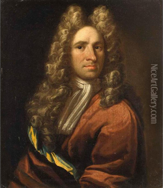 A Portrait Of A Gentleman, Half Length, Wearing A Red Coat With A White Shawl And A Wig Oil Painting - Sir Godfrey Kneller