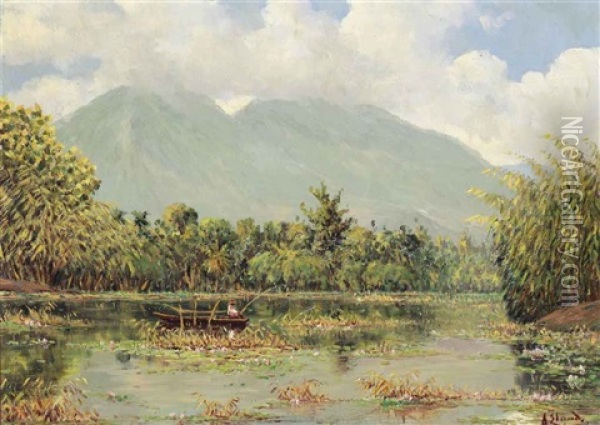 Indonesian Landscape With A Fisherman In A Boat Oil Painting - Cornelis Robrecht Arthur (A.) Eland