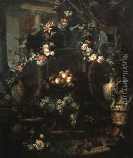 Ornate Still Life With Urns And Garlands Of Flowers On Table Oil Painting - Jean-Baptiste Monnoyer