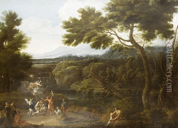 An Italianate Landscape, With The Baptism Of Christ Oil Painting - Crescenzio Onofri
